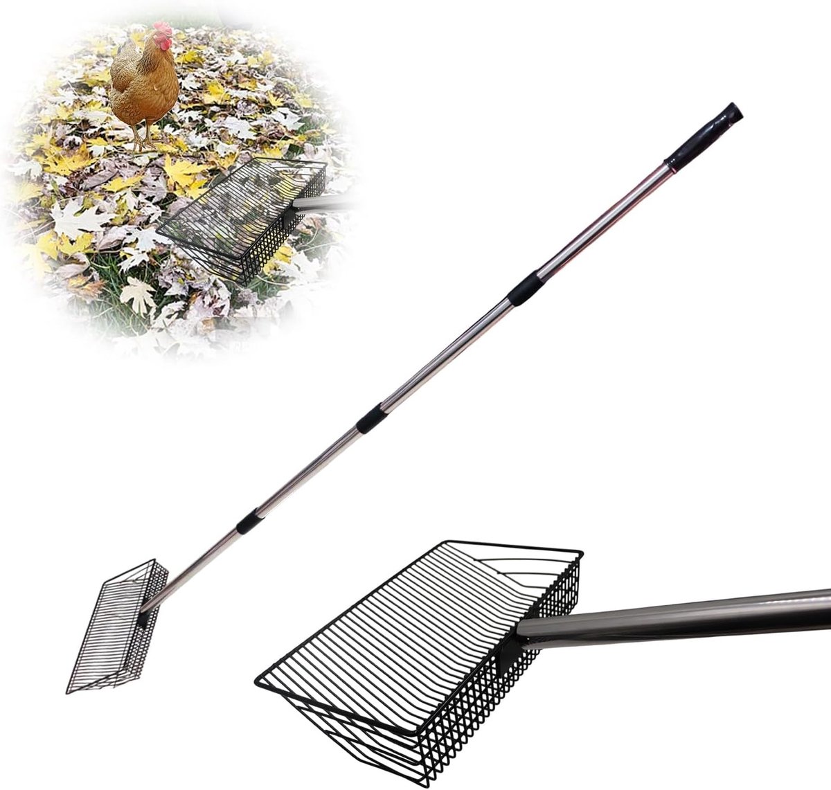 Kippenhokaccessoires, robuuste metalen schep voor het verwijderen van uitwerpselen van kippen, kot-schep met lange handgreep, reinigingsgereedschap voor kippenhokken en kleine dieren