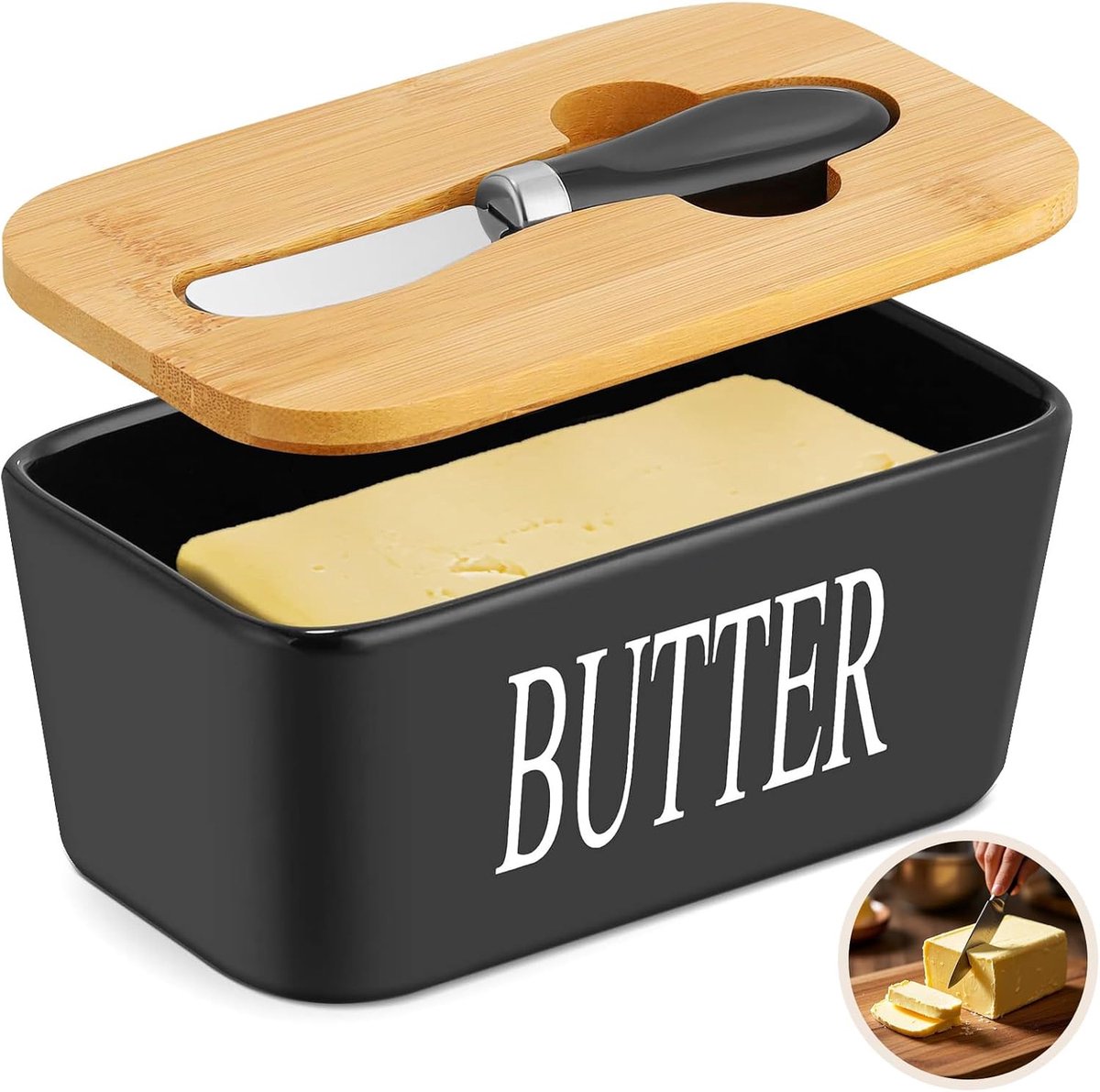 Botervloot porselein, boterschaal met houten deksel en roestvrijstalen mes, huishoudelijke keuken, multifunctionele grote boterhouder, keramiek, siliconen afdichtingsontwerp, zwarte boterbox voor