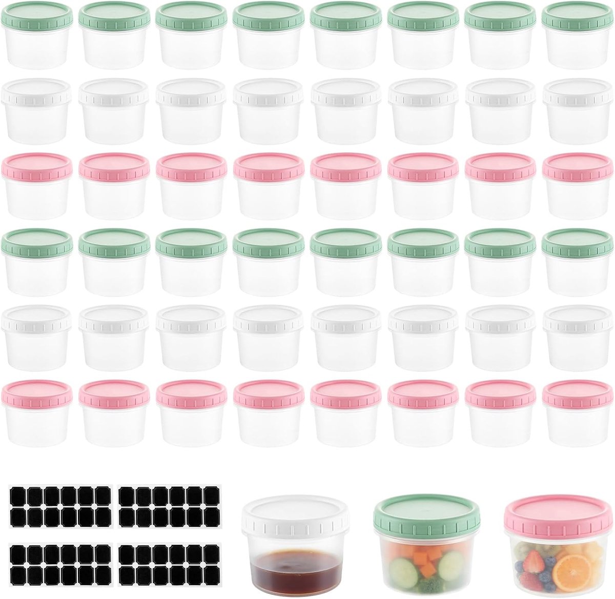 48 Stuks Koelkast Bewaardoos 200 ml, PP Vershoudbakjes met Witte, Roze en Gele Deksels Plus Stickers voor Restjes, Meal Prep, Koelkast en Keuken