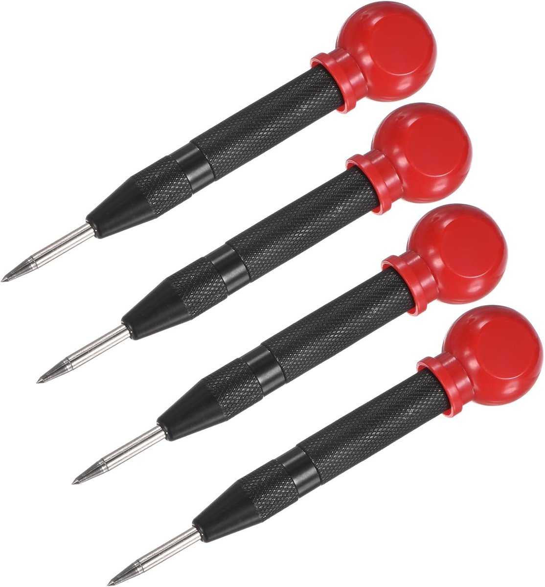 METERXITY Set van 4 automatische centerpons, 133 mm HSS veerbelaste nagelpons met palmkussen dop voor stalen plaat/houten plank/glas, verstelbaar slagpons, raambrekergereedschap [zwart]