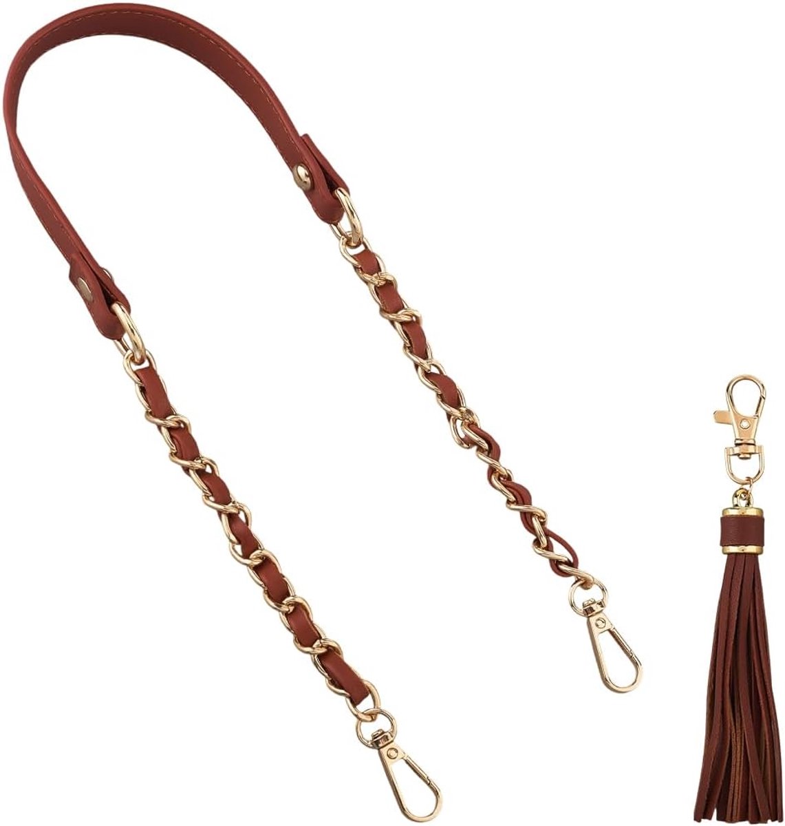 ketting voor tas, van PU-leer, plat met kwasthanger, 63 cm, kettingriem van microvezel, voor dameshandtas, schouderriem, doe-het-zelf tas (bruin en goud)