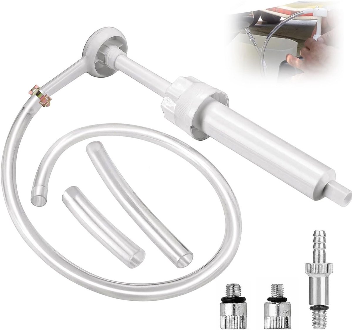 Transmissieoliepomp voor standaardflessen met metalen adapters 3/8", 8mm en 10mm, aluminium + plastic voor de meeste buitenboordmotoren (wit)