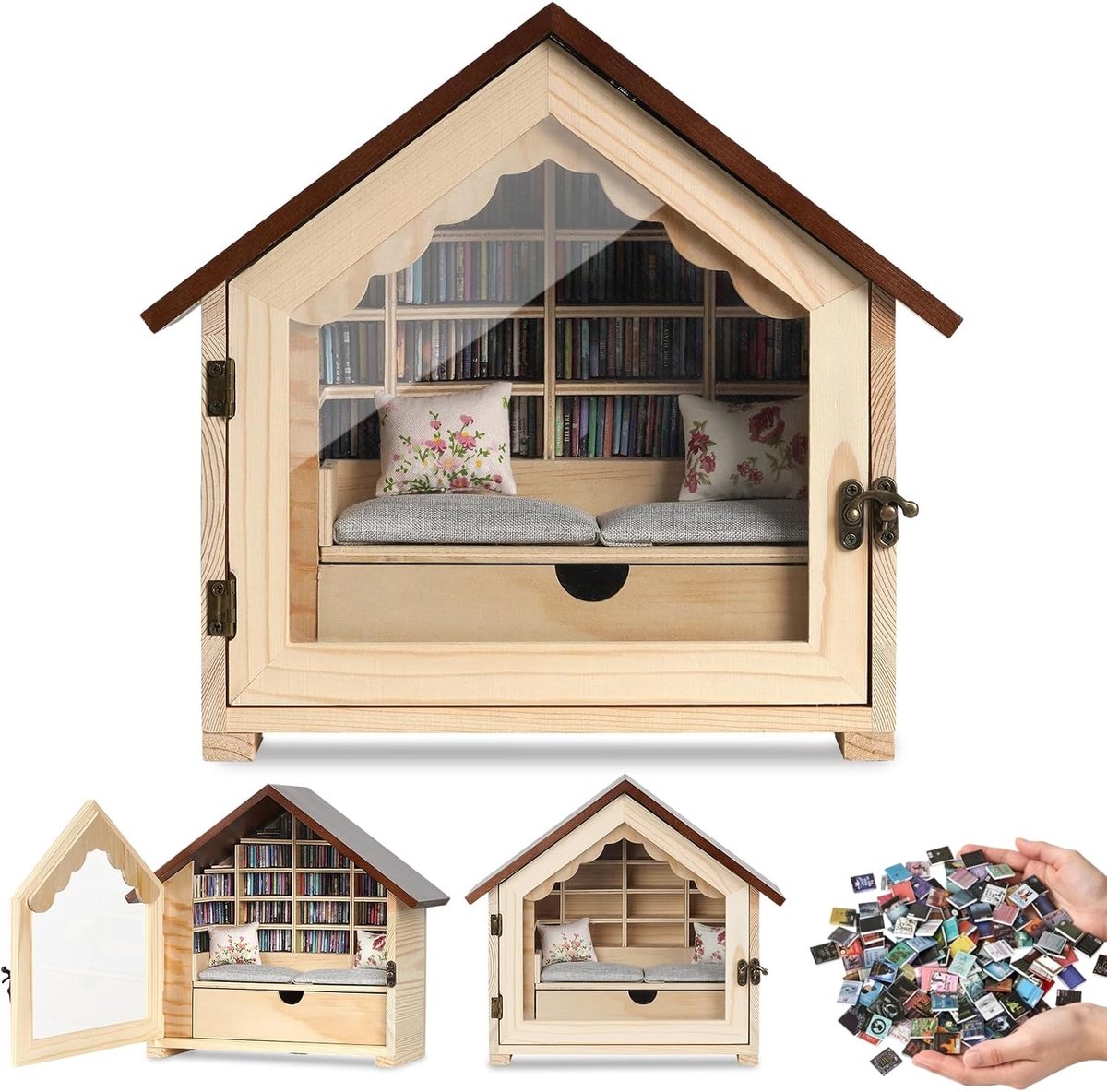 boekenkast met 300+ mini-boeken, houten bibliotheek design, mini-boekenkast om te schudden voor stressvermindering, decoratief ornament voor woonkamer en kantoor