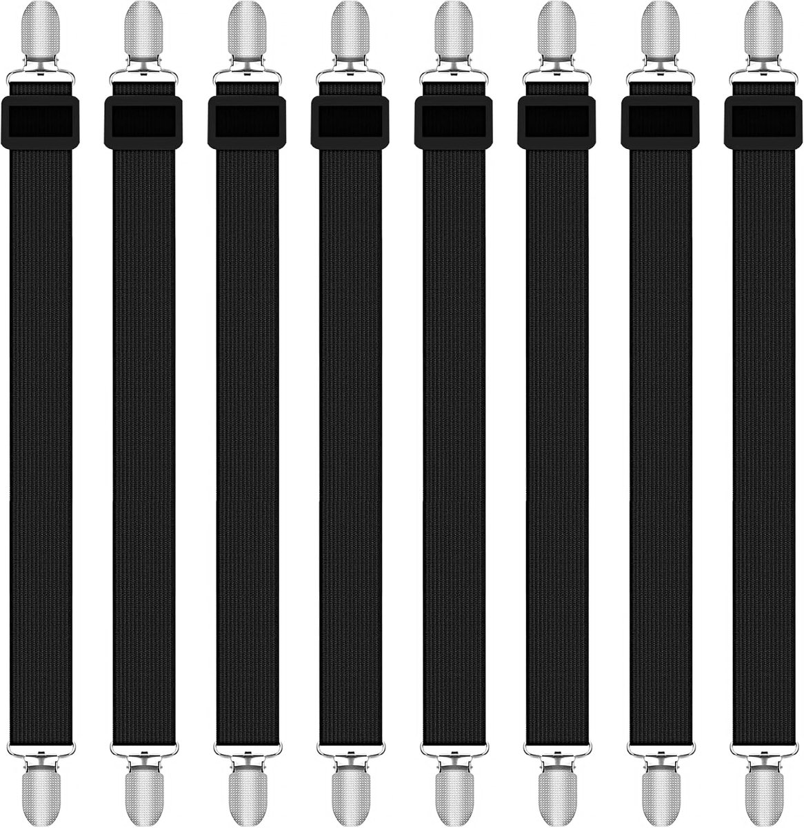 8 stuks blad-beha's, verstelbare bandjes voor beddengoed of banken (zwart, verlenging 30-130 cm)