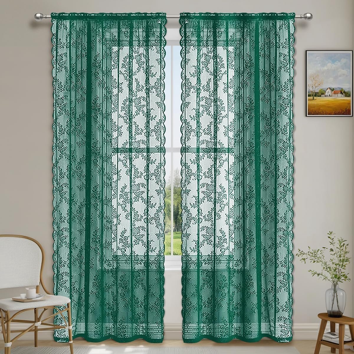 2 stuks kanten gordijnen, decoratieve gordijnen met bloemenpatroon, transparante verduisterende gordijnen voor keuken, woonkamers, luchtige dekoration voor slaapkamer, heimdekoration, groen
