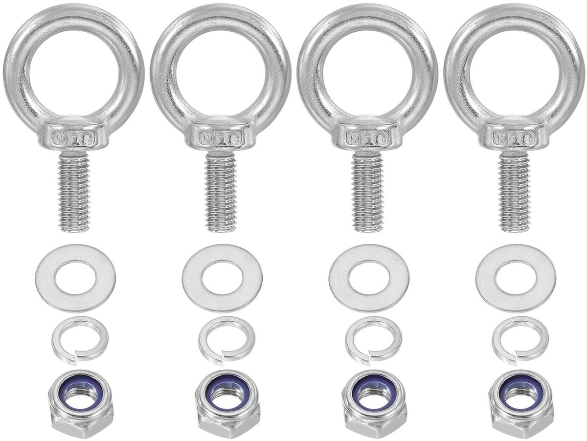 M10 x 25 mm ring met moer, 4 stuks 304 roestvrij stalen hefring met schroefdraad voor ophanging, zilver