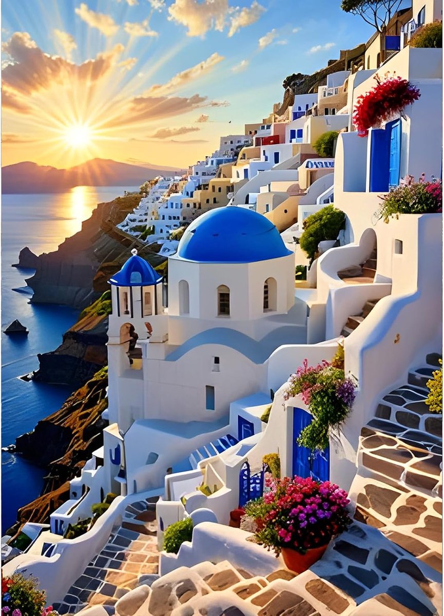 5D Santorini Diamond Painting Kit, DIY Kerk Diamant Kunst Complete Kits, Zonsondergang Diamond Art Kits Strass Kruissteek Schilderij voor Volwassenen Beginners Thuis Decor 30 x 40 cm