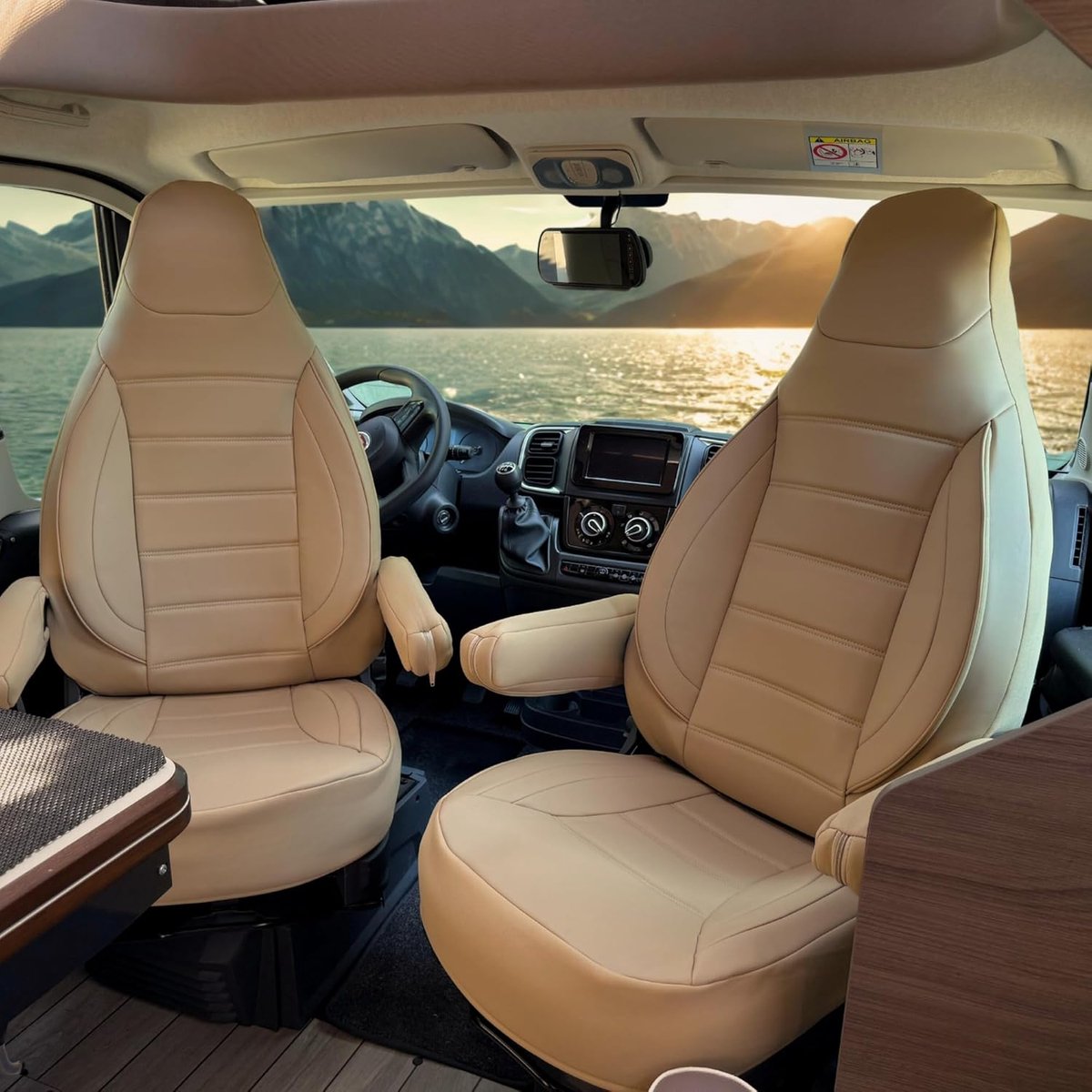 Stoelhoezen compatibel met Citroen Jumper aanhangwagen | Camper Passend, set met 2 delen - bestuurdersstoel 1 + bijrijdersstoel 1 | Met armleuninghoezen | CBS101 | Beige |