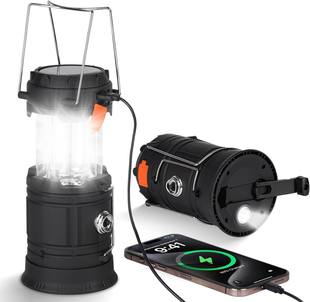 Draagbare Campinglantaarn - 3 Oplaadmethoden (USB, Zonne-energie, Handslinger) met Powerbank 3000mAh - Compacte Noodlamp voor Buiten, Wandelen, Kamperen, Vissen en Avontuur