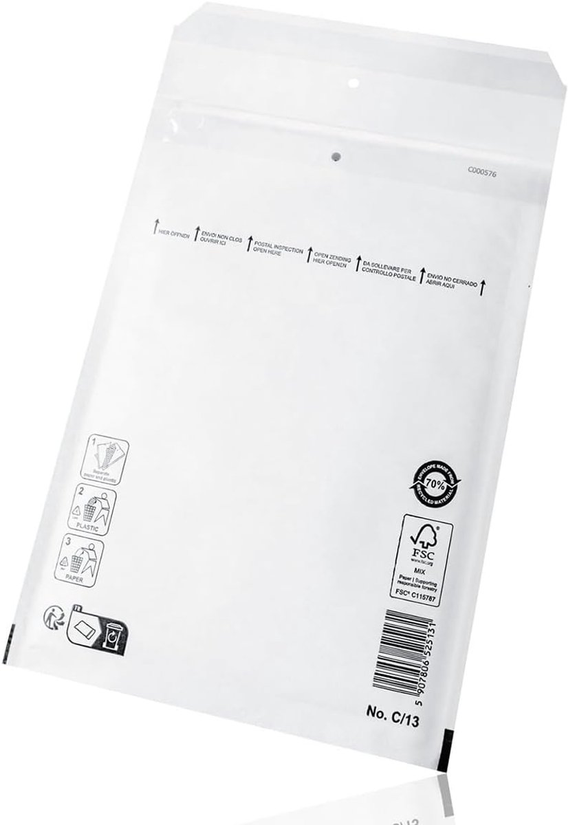 25stuks Luchtkussenenveloppen Polsterumschlag Verzendenveloppen C3 (170 x 225 mm) 13/C, Wit Luchtkussenenveloppen geschikt voor DIN A5 / C6+, Verzendverpakking met zelfklevende sluiting