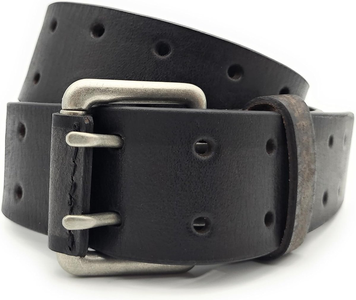 riem, 42 mm, uniseks, in te korten, vintage, bicolor zwart-grijs, dubbele gesp, echt lederen riem voor heren en dames, jeans & business