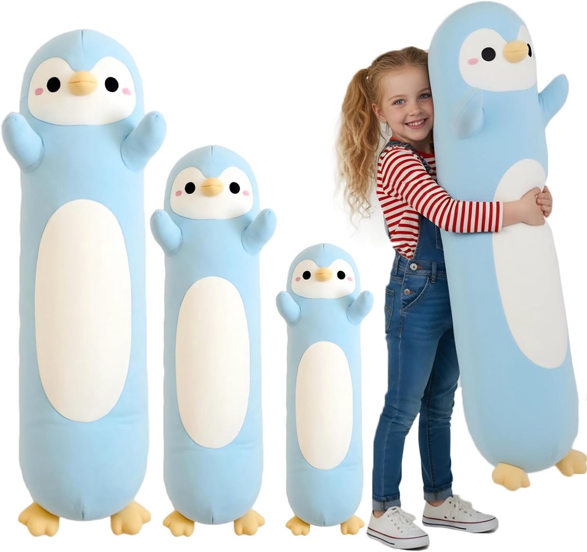 Knuffel Pinguïn, Lang Pinguïn Knuffelkussen, Extra Zachte Knuffeldier als Lichaamskussen, Kerstcadeau voor Kinderen & Volwassenen (Lichtblauw, 60cm/23.62in)