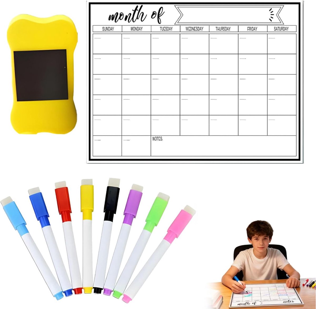 Droogwis Kalender voor Koelkast, Herbruikbaar, 28x21 cm, Met 8 Stiften en Wisser, Perfect voor Gezinsplanning en Organisatie