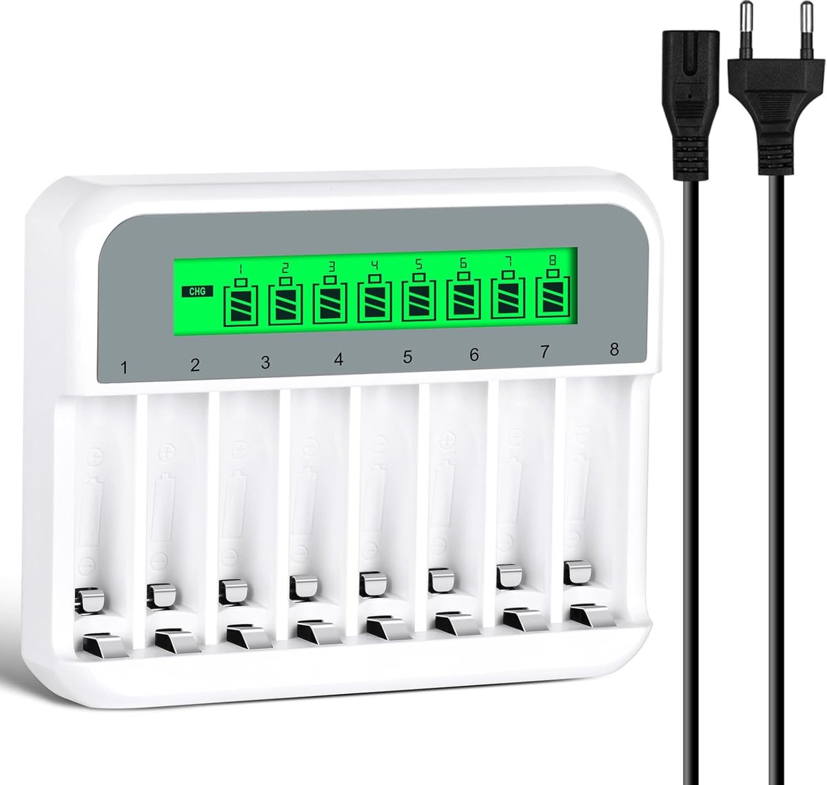 Accu-oplader, 8-plaatsen acculader met LCD-display, batterijlader, universele snellader voor oplaadbare NI-MH NI-Cd AA/AAA batterijen, Batterijlader - Wit