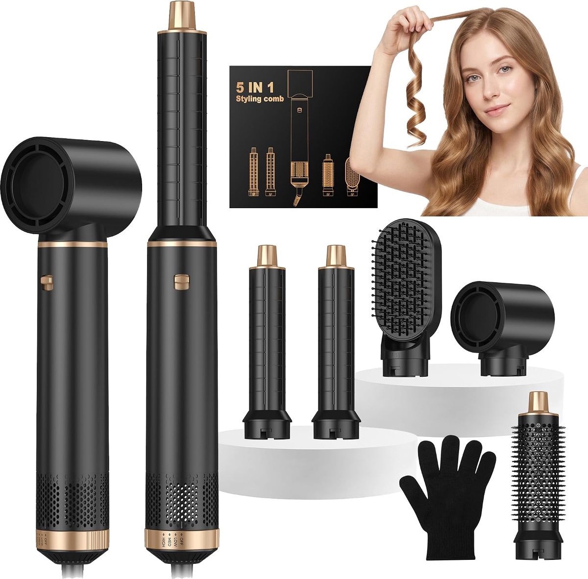 Föhnborstel 5-in-1 Multistyler met Krultang - Ionentechnologie 3 Temperatuurstanden Zwart