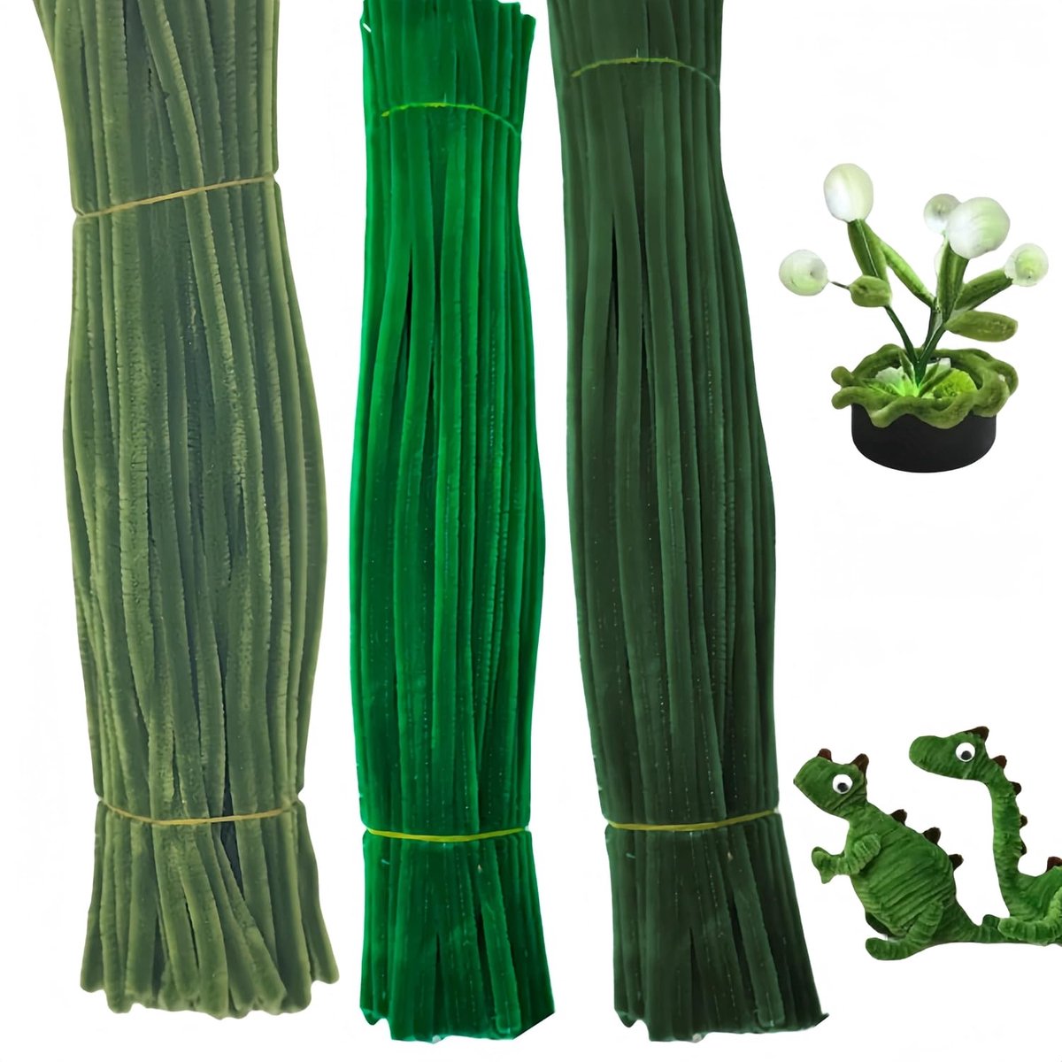 300 groene borstels, 300 stuks chenille-stelen, doe-het-zelf harige sticks, chenille-borstels, chenille-stelen, chenille-decoratiestokken, creatief handwerk (3 kleuren, groen)