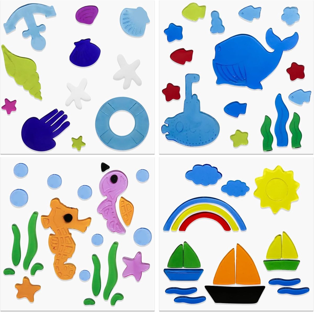 4 Pcs Zomer Gel Venster Klingt Kleurrijke Seizoensgebonden Peuters Venster Jelly Stickers, Shell Regenboog Patroon Decoraties Accessoires voor Zomerschool Home Office Badkamer Kleuterkamer Supplies