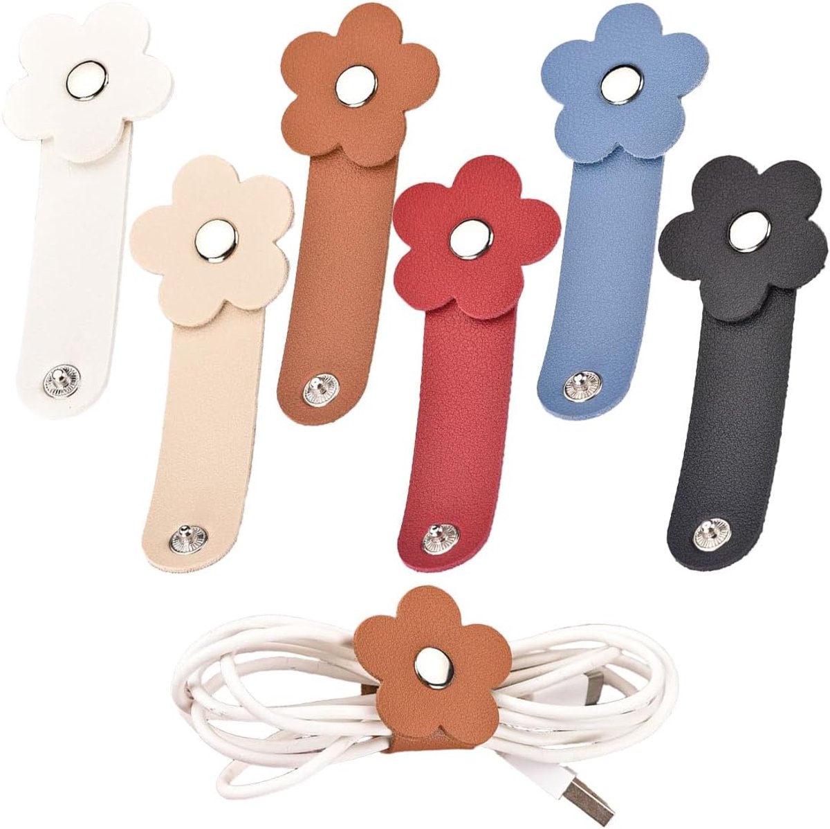 6 stuks kabelorganizer in hartvorm, kabelbinders van leer, draagbare kabelhaspel voor hoofdtelefoon, kabelopwikkeling, kabelorganizer, praktische kabelklem van rundleer voor reizen, thuis, werk