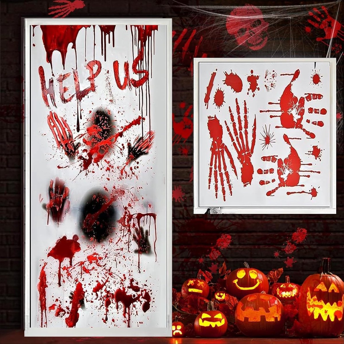 Halloween raamdecoratie, zombie-posterset, herbruikbare decoratie met bloedige handafdrukken, voetsporen en muurstickers voor spookhuis, feestdecoratie
