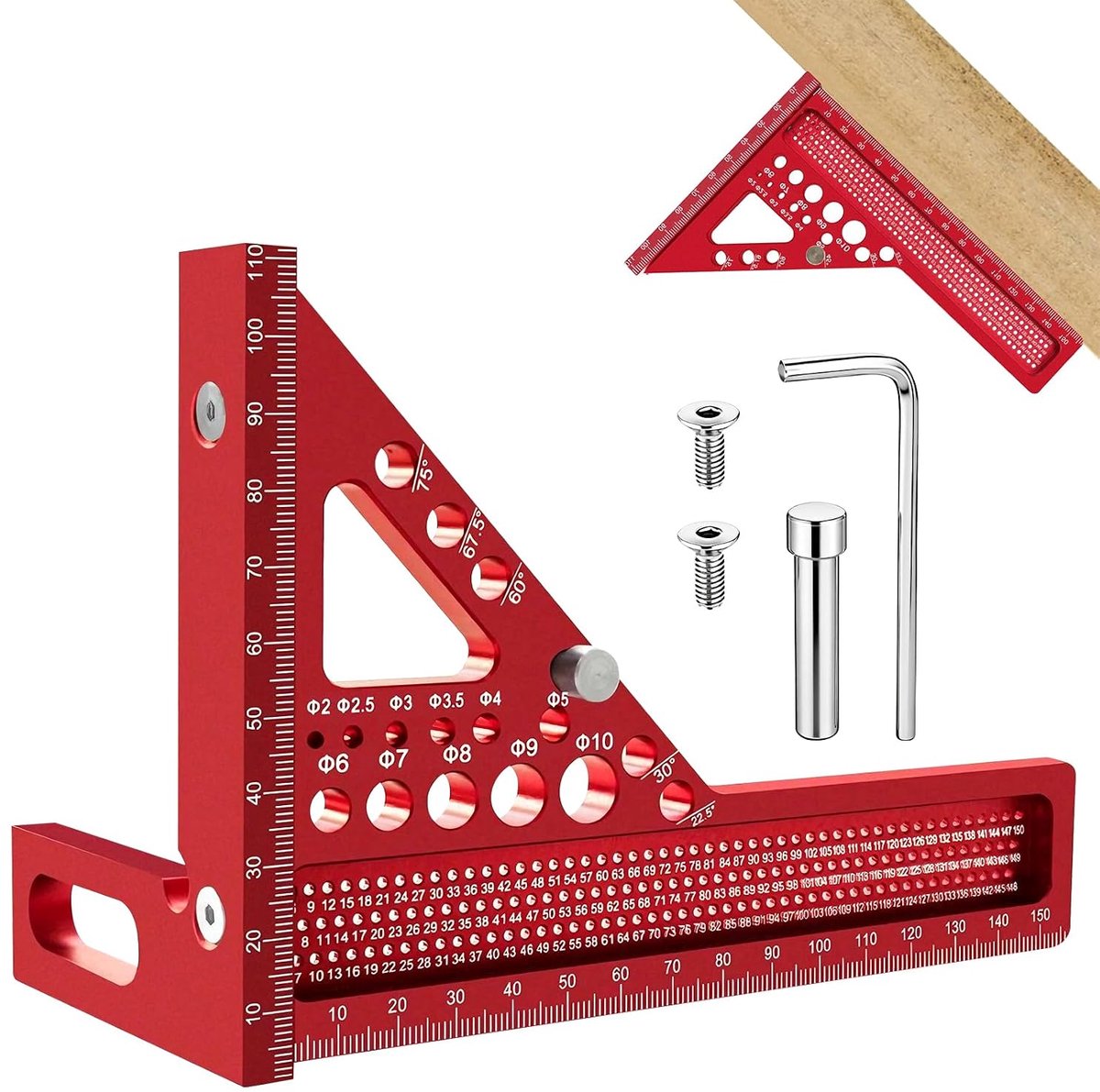3D-verstekhoek, 22,5-90° combinatiehoek van aluminiumlegering, hoogpreciese speed square, timmermanhoek met 11 boorgaten, aanrij-, boor- en meetgereedschap voor timmerlieden en ingenieurs
