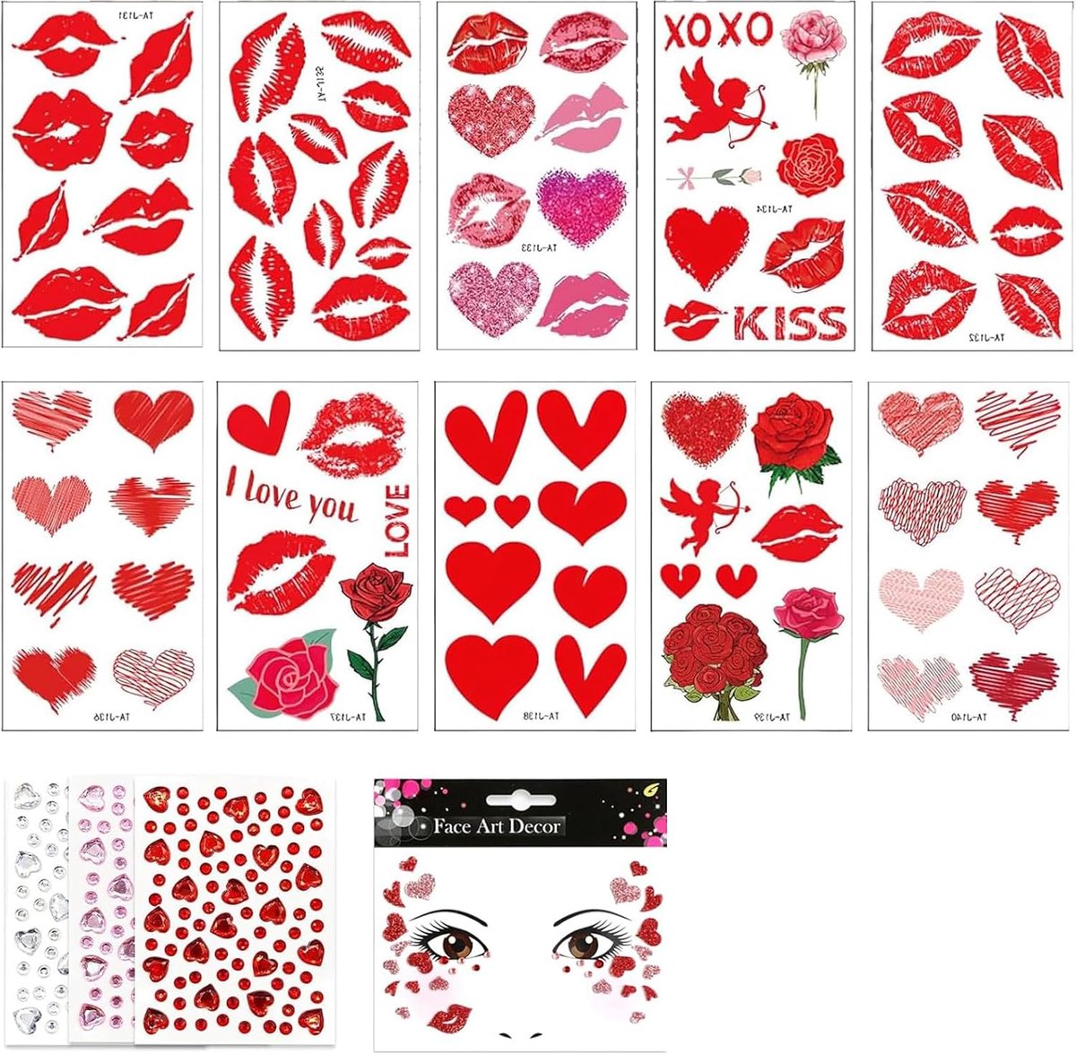 Kusmond Hart Tatoeage Stickers Set 1 Kunst Glitter Tatoeage, 10 Kussende Hart Tatoeages en 3 Strass Stickers