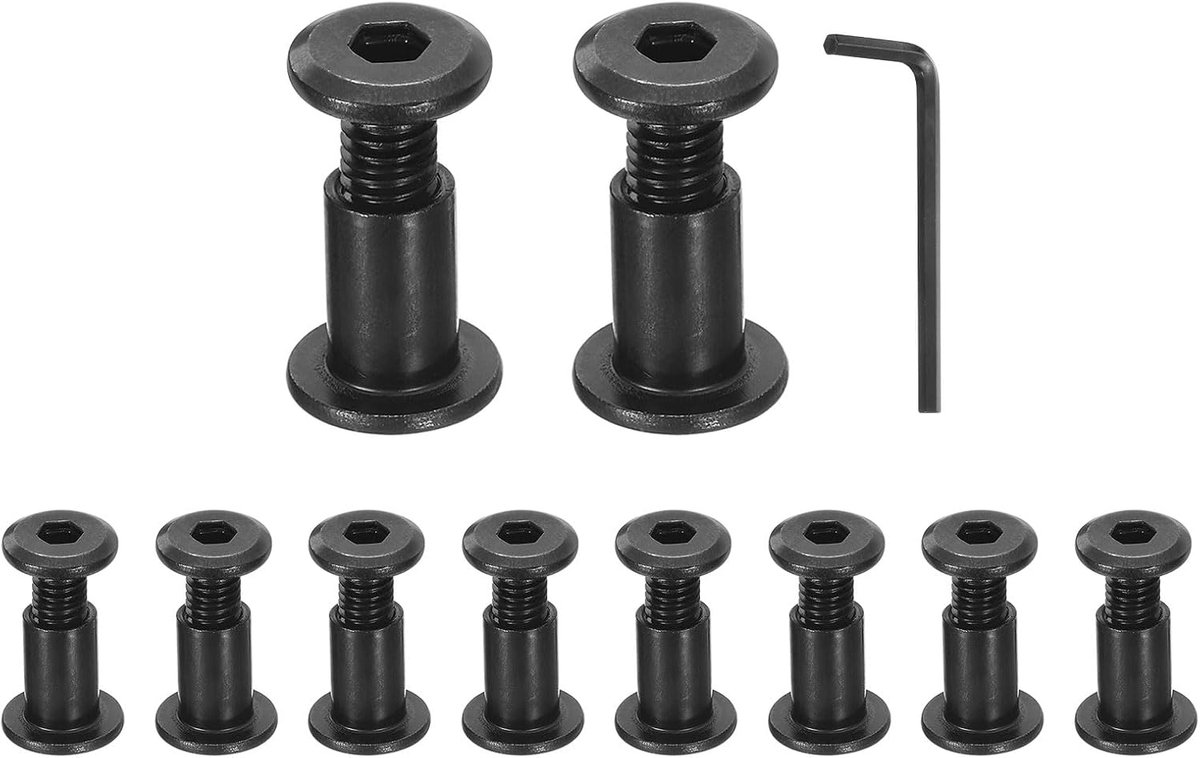 Zeskantschroeven, 10 stuks, M6 x 16 mm, met moer M6 x 15 mm en inbussleutel, bouten en schroeven voor beweegbare aansluitingen voor verzonken riem, zwart