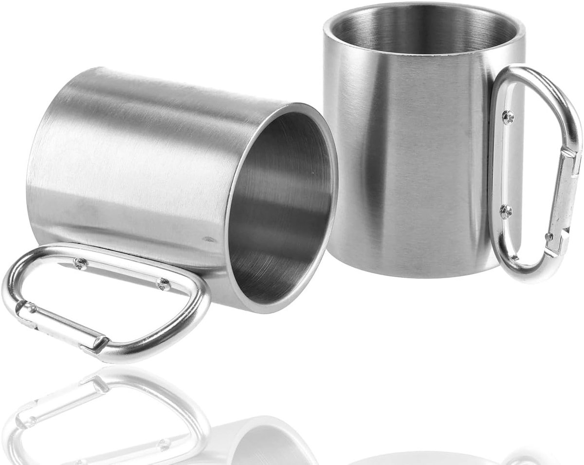 Dubbelwandig RVS - Set van 2 Campingbeker met Karabijnhaak - Onbreekbare, BPA-Vrij & Vaatwasserbestendig - 220ml elk