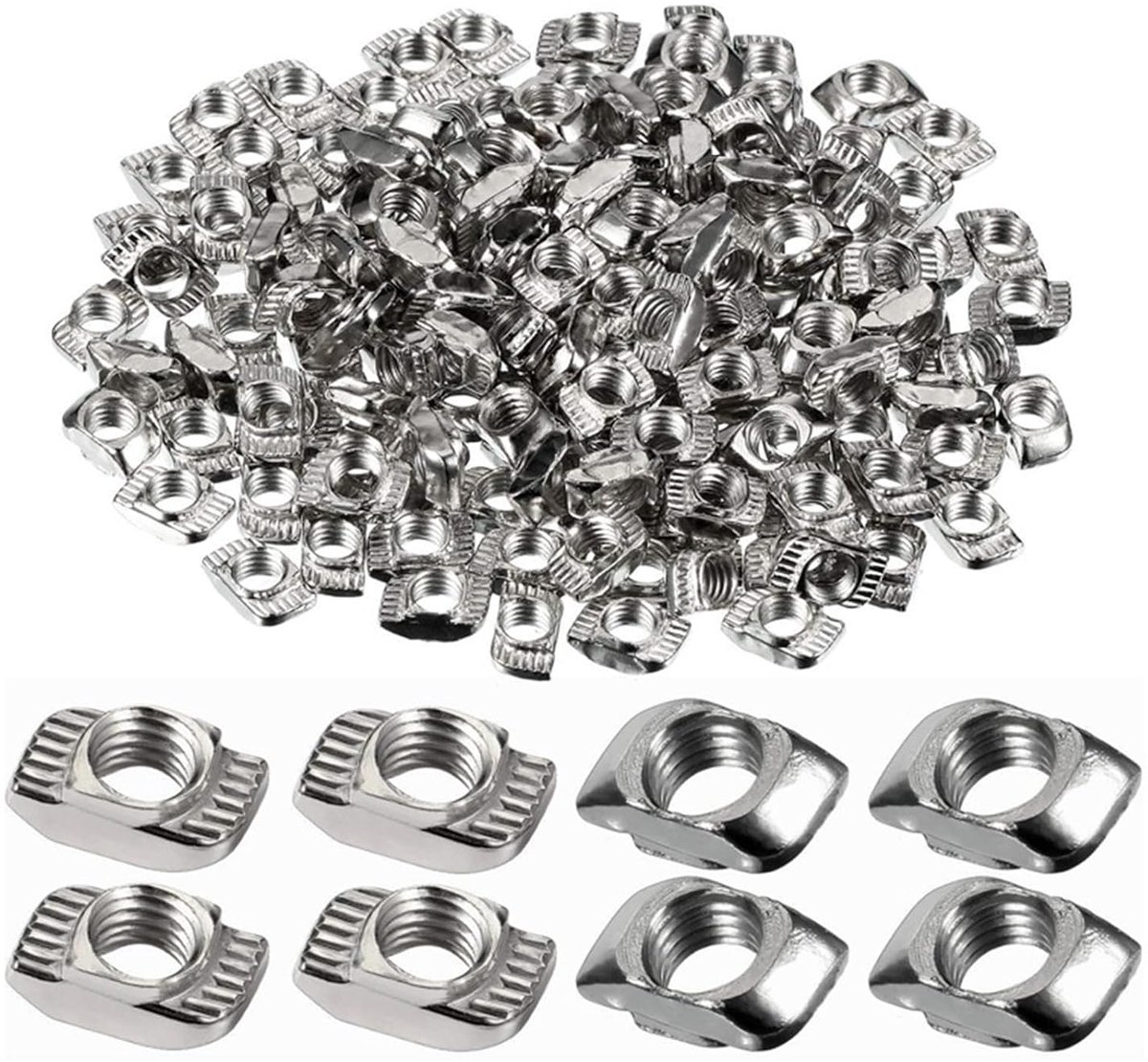 T-moeren M5 Sleuf 6 aluminium profiel 20x20 accessoires, T-moer, schroefplaat koolstofstaal vernikkeld, bootvormig veerstuk, vierkante schuif, elastisch trapezium
