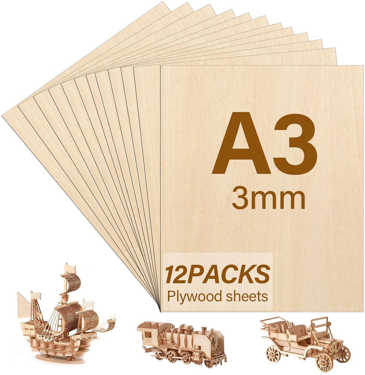 12 stuks A3 multiplexplaten, 3 mm, houten platen om te knutselen, hoogwaardige multiplex-platen, houten platen, 42 x 30 cm houten plaat, voor schilderen, laserbewerking, knutselwerk,
