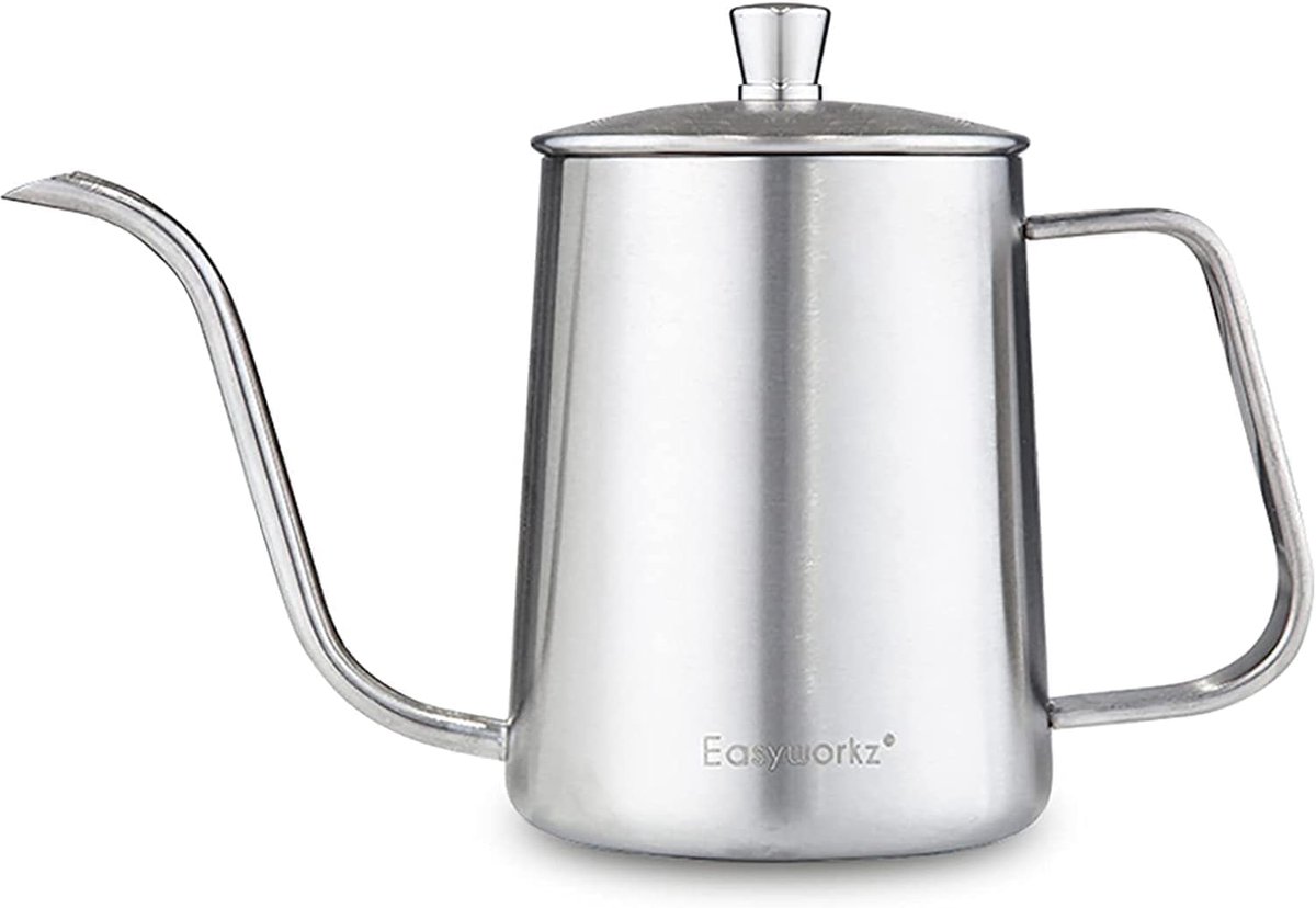 Giet over Waterkoker Roestvrij Staal Zwanenhals Lange Smalle Druppeluitloop Koffie Pot 600ml (Zilver)