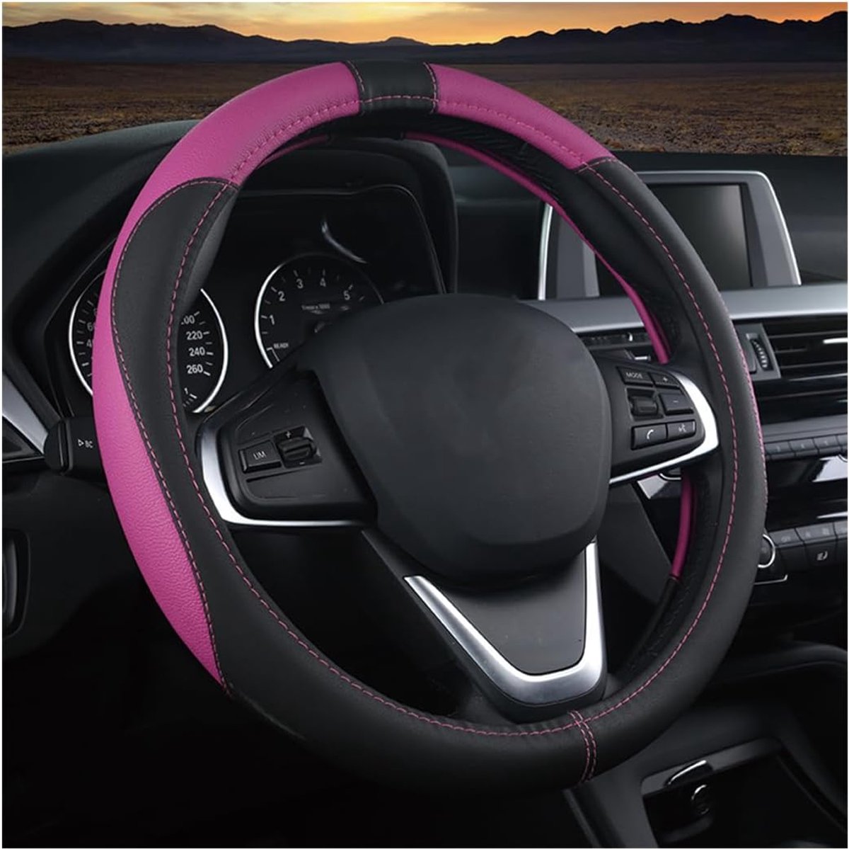 Stuurhoes voor de auto, microvezel-leer, sport, antislip, 38 cm, stuurhoes, echt leer, ademend, antislip, zwart/paars