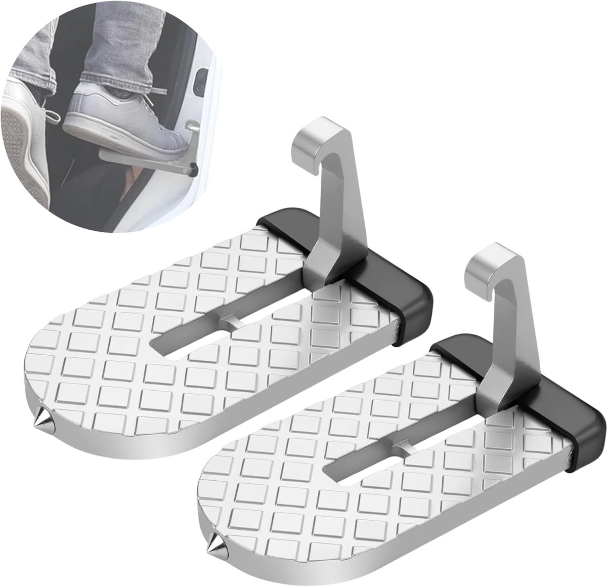 SELECT 2x Pedaal Voordeur Voetsteun, Autodeur Stap, Opvouwbare Opstap voor Autodeuren, Antislip Om Bij Het Dak Te Komen, met Veiligheidshamer.