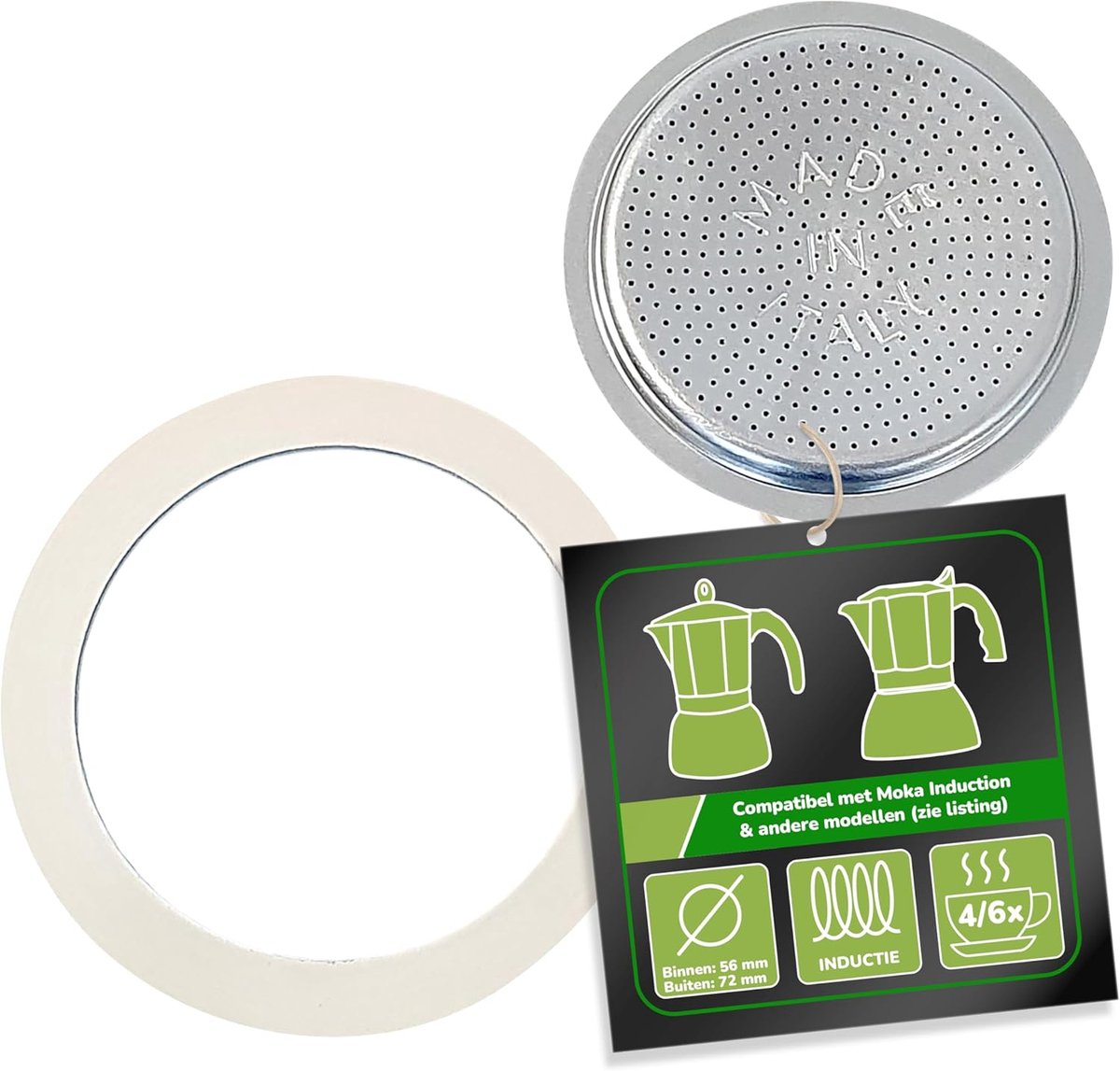 Filter en pakking voor espressomachine, compatibel met Bialetti espressopotje voor 4 of 6 kopjes, Ø buitenkant 79 mm, 7,9 cm, Ø binnenkant 63 mm, 6,3 cm, vervangende pakking, afdichtring