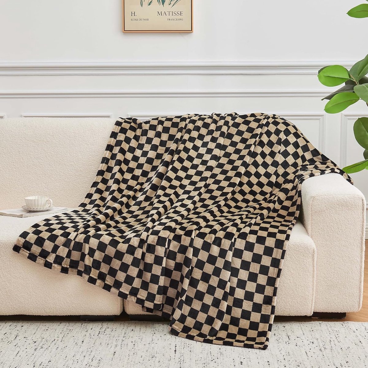 FIBER HOUSE Geruite flanellen fleece deken zachte gezellige dambord rasterprint schaakbord gingham patroon dekens voor bed bank sofa, 127 x 152 cm, zwartbruin