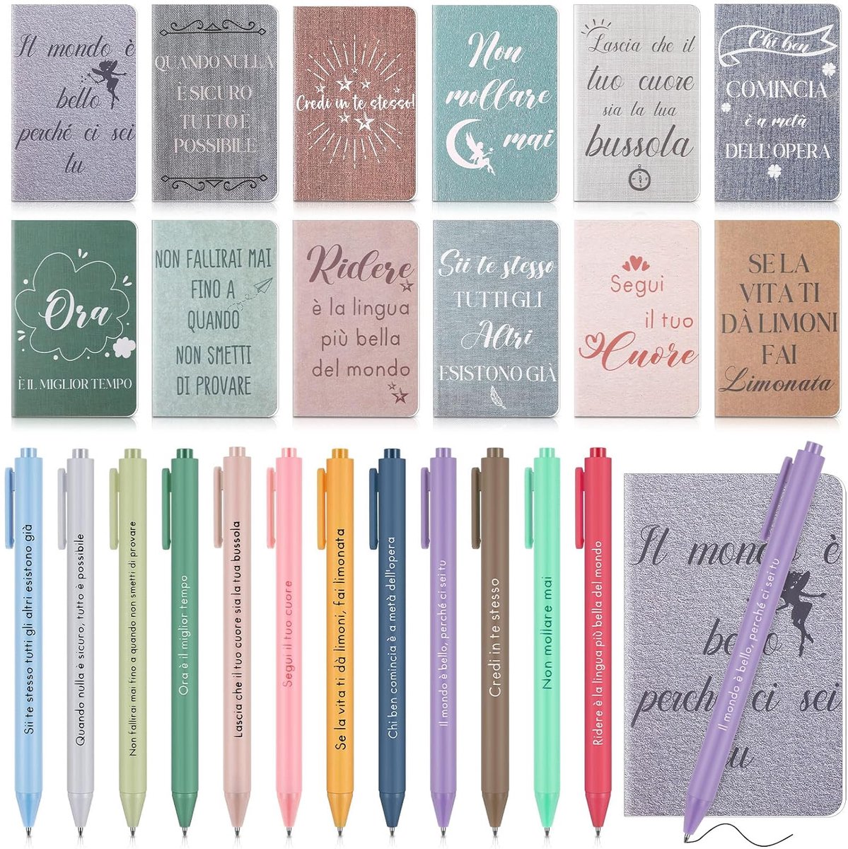 12 bedankcadeaus voor collega's, 12 notitieboeken met motiverende zinnen, inclusief 12 balpennen met gravure, notitieboek met bloemenmotief, klein kleurrijk notitieboek voor Kerstmis (retro