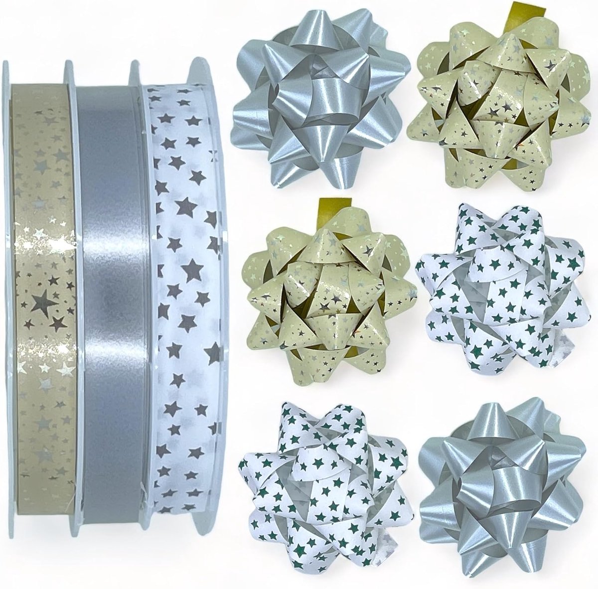 Set ringelband polyband cadeaulint cadeaulinten voor knutselen en verpakken - glanzend en mat gesorteerd (3 rollen lint + 6 geschenkstrikken, champagne - zilver - wit)