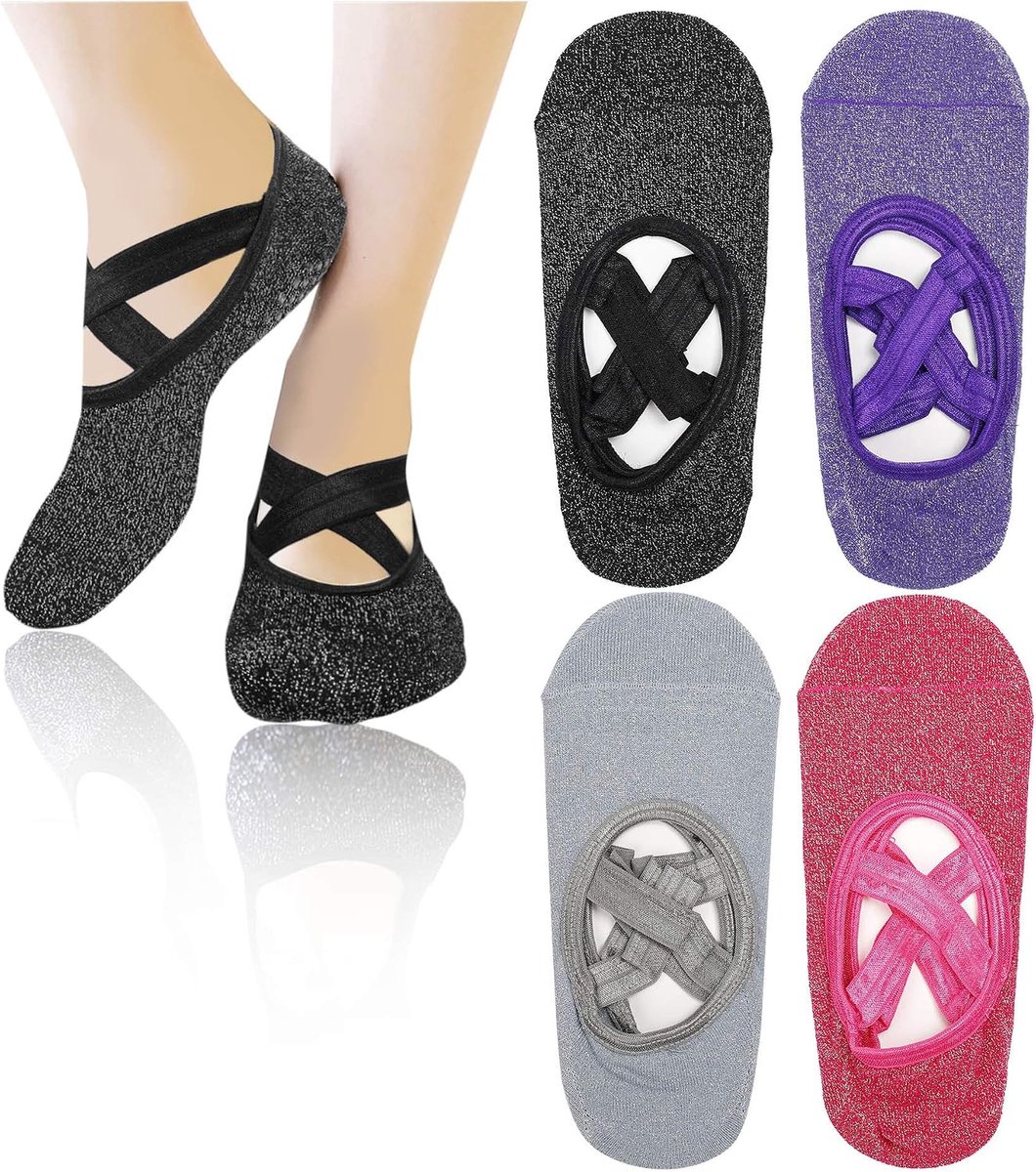 Sokken 4 paar antislip pilates sokken dans crisscross straps design voor dames pilates barre ballet, zwart, grijs, rozenrood, paars, One size
