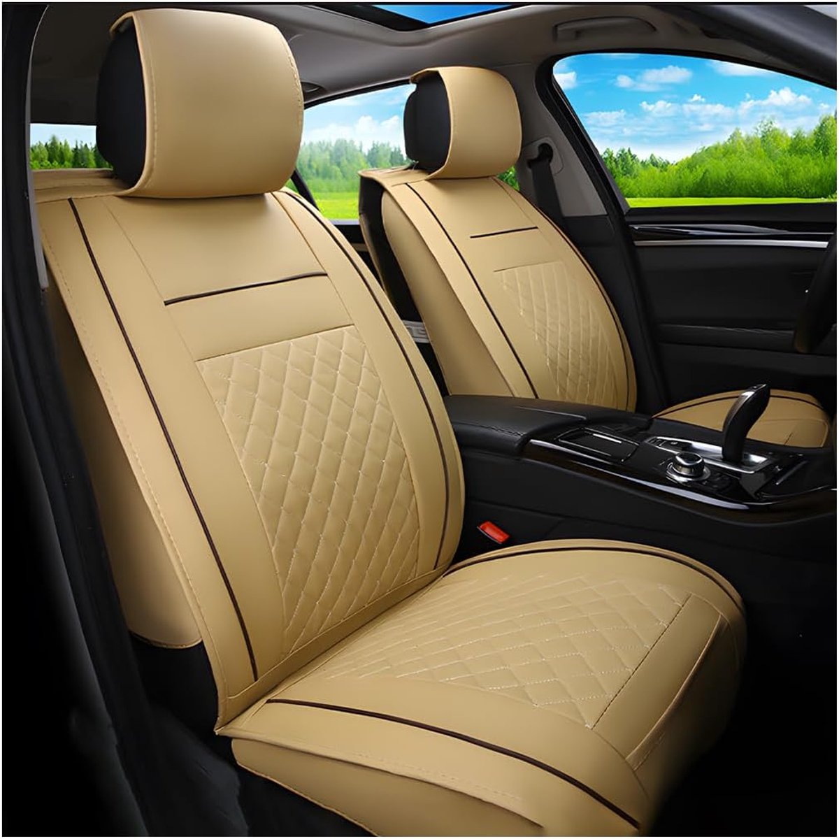 Volledige autostoelhoezen, universeel, luxe, waterdicht, universele pasvorm, autostoelhoezen, volledige met airbag-compatibel, luxe PU-lederen autostoelhoezen (Beige)