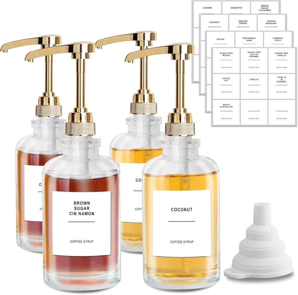 Set van 4 koffiesiroopdispensers, glazen siroopfles van 500 ml, siroopdispenser, honingdispenser met pomp met grote capaciteit van 0,6 g en 36 waterdichte etiketten en