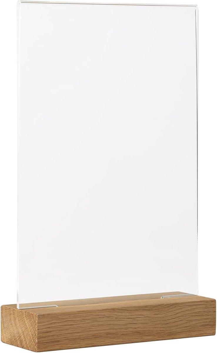 Tafelstandaard A5 acryl met eikenhouten sokkel - dubbelzijdige menukaarthouder - bordhouder voor restaurant, hotel, conferentie en festival - FSC-gecertificeerd, glashelder