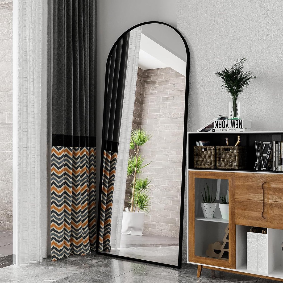 top spiegel met ronde hoeken, 180 x 80 cm, staande spiegel om op te hangen, staan of leunen, slaapkamerspiegel, wandspiegel, aankleedspiegel met aluminium frame (zwart)