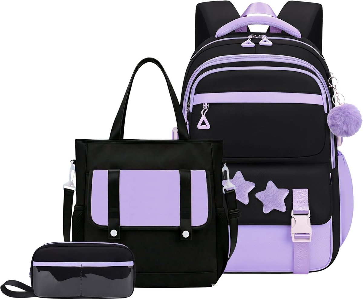 KZQ 3-delige rugzakset voor meisjes met totebag - Met sterpinnen en pluchen hanger - Geschikt voor basisschool en middelbare school - Paars