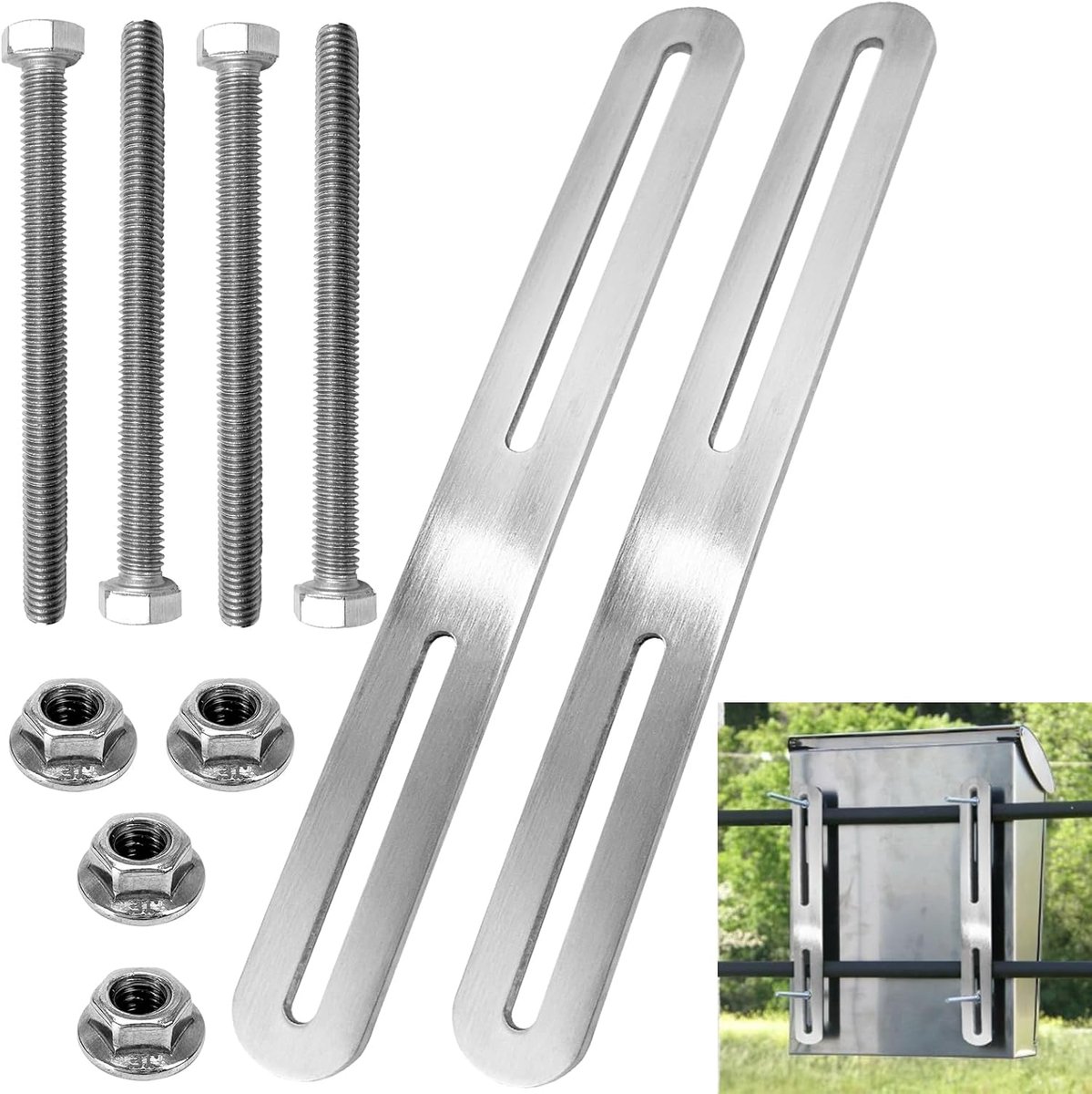 Montageset voor hekbrievenbus, 2-delig, hekmontage met M5-bouten en M5-moeren, 215x 24 mm, brievenbusbevestiging voor brievenbusbevestiging aan poorten of hekken (zilver, 215 mm)