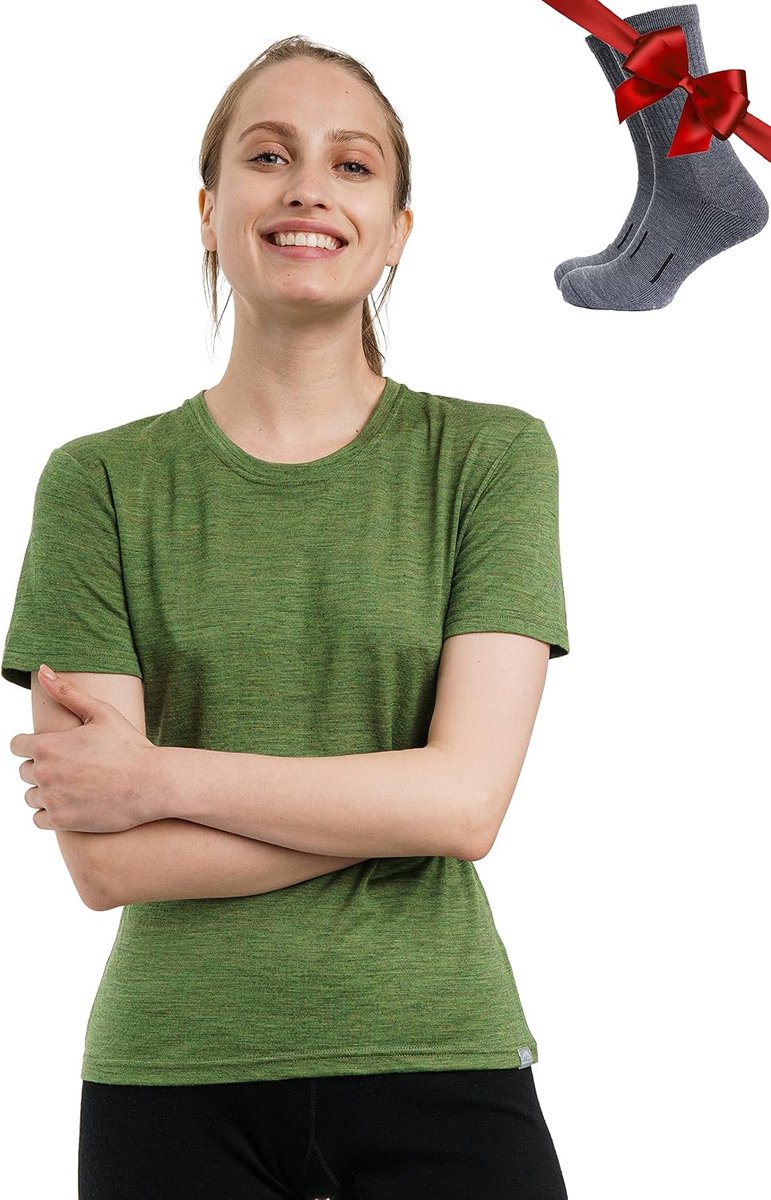 100% Merino T-shirt voor dames - Merinowol Sportief Wandelen Thermisch Shirt voor Dames + Wandelsokken