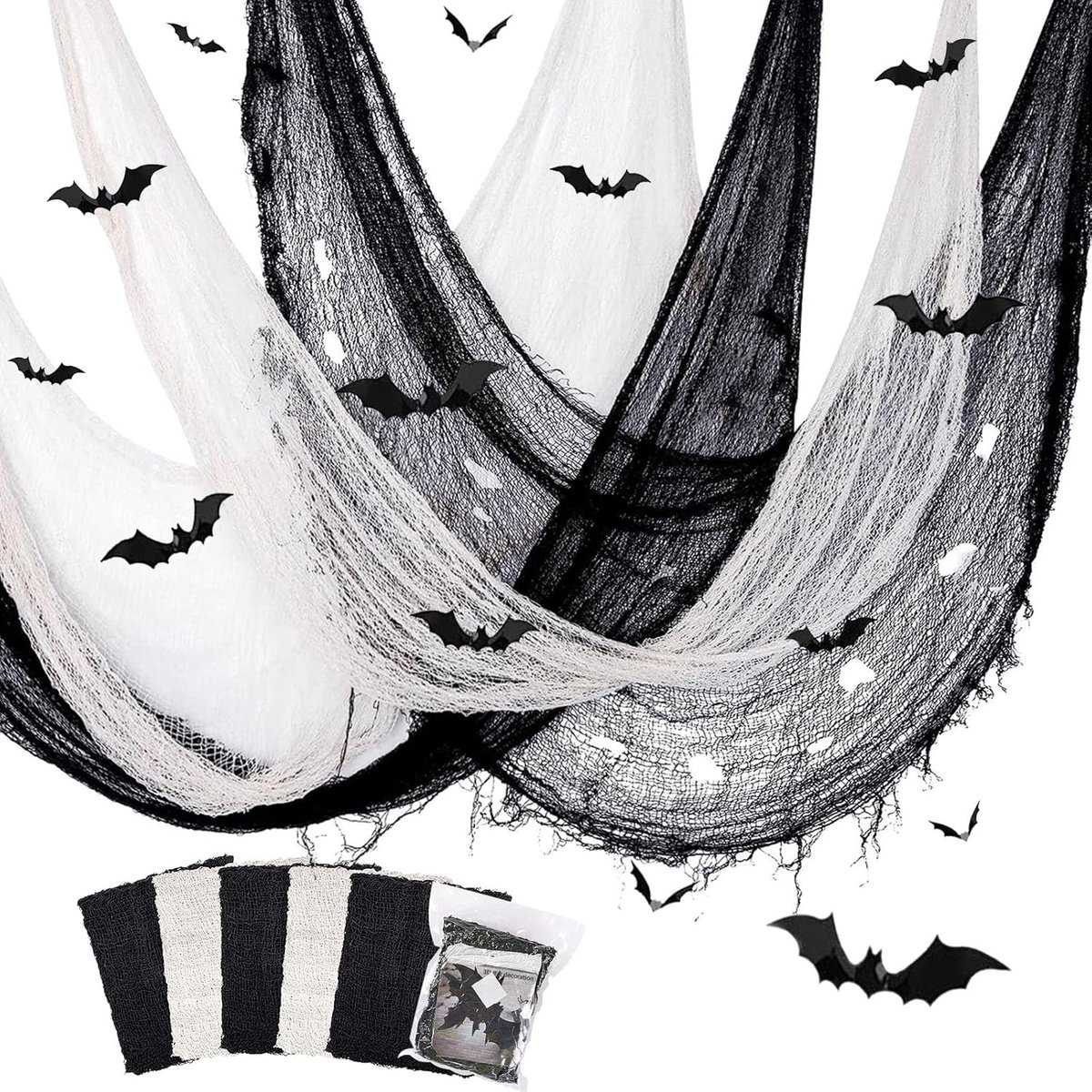 decoratieve stof, 5 stuks griezelige stof, 183 x 76 cm, met 12 vleermuisstickers, griezeldoek, Halloween, party, spookhuis, griezelige decoratie (3 zwart + 2 wit)