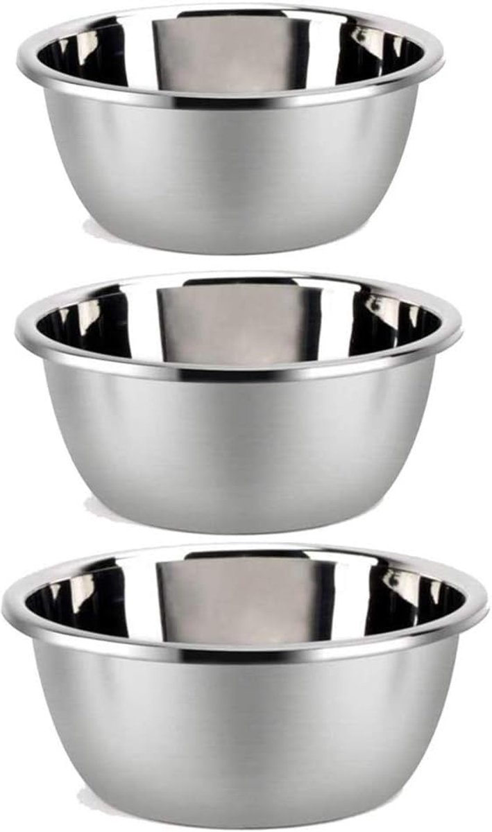 Mengkommen set en vergiet saladekom, roestvrij staal antislip basis, geen stok voedselbereidingskom, nesten metalen kom, set voor het bakken van koken keuken serveren (28+30+32CM)