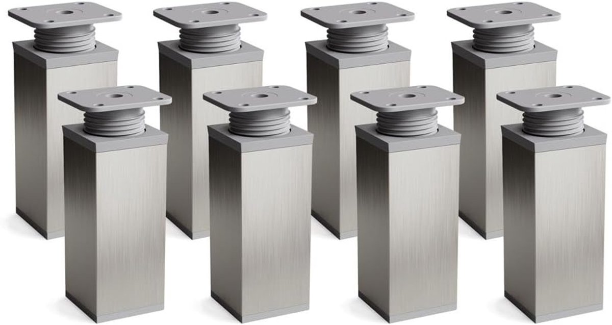 Poten, set van 8 stuks, in hoogte verstelbaar, grijs geborsteld RVS, H 100 mm, vierkant profiel, model MFV1, voor kasten en meubels