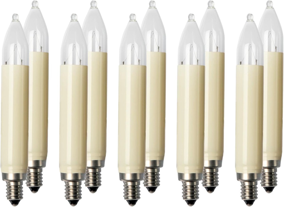 hellum Vervangende kaarsen voor kerstboom kaarsen lichtketting binnen en buiten, 10 stuks 23 V 3 W schachtkaars voor lichtkettingen met 10 brandpunten, ø15 mm E10/ 23V / 3W / 22Lumen 908015