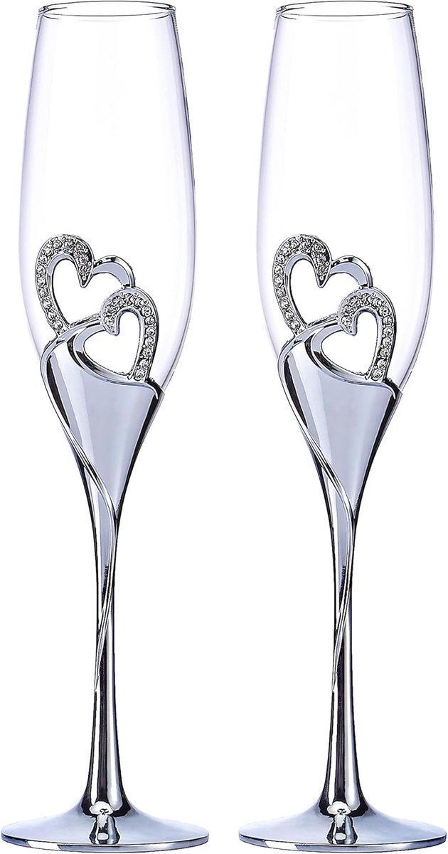 Champagneglazen set met hart voor bruiloft en verloving zilver