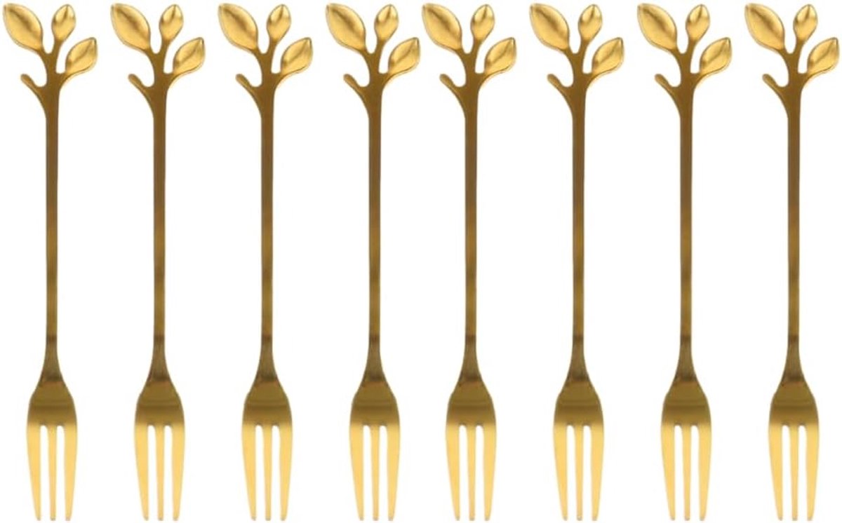 Gebaksvorkjes - 8 stuks - Goud met Bladeren - Dessertvorkjes - Taartvorkjes - LEAF